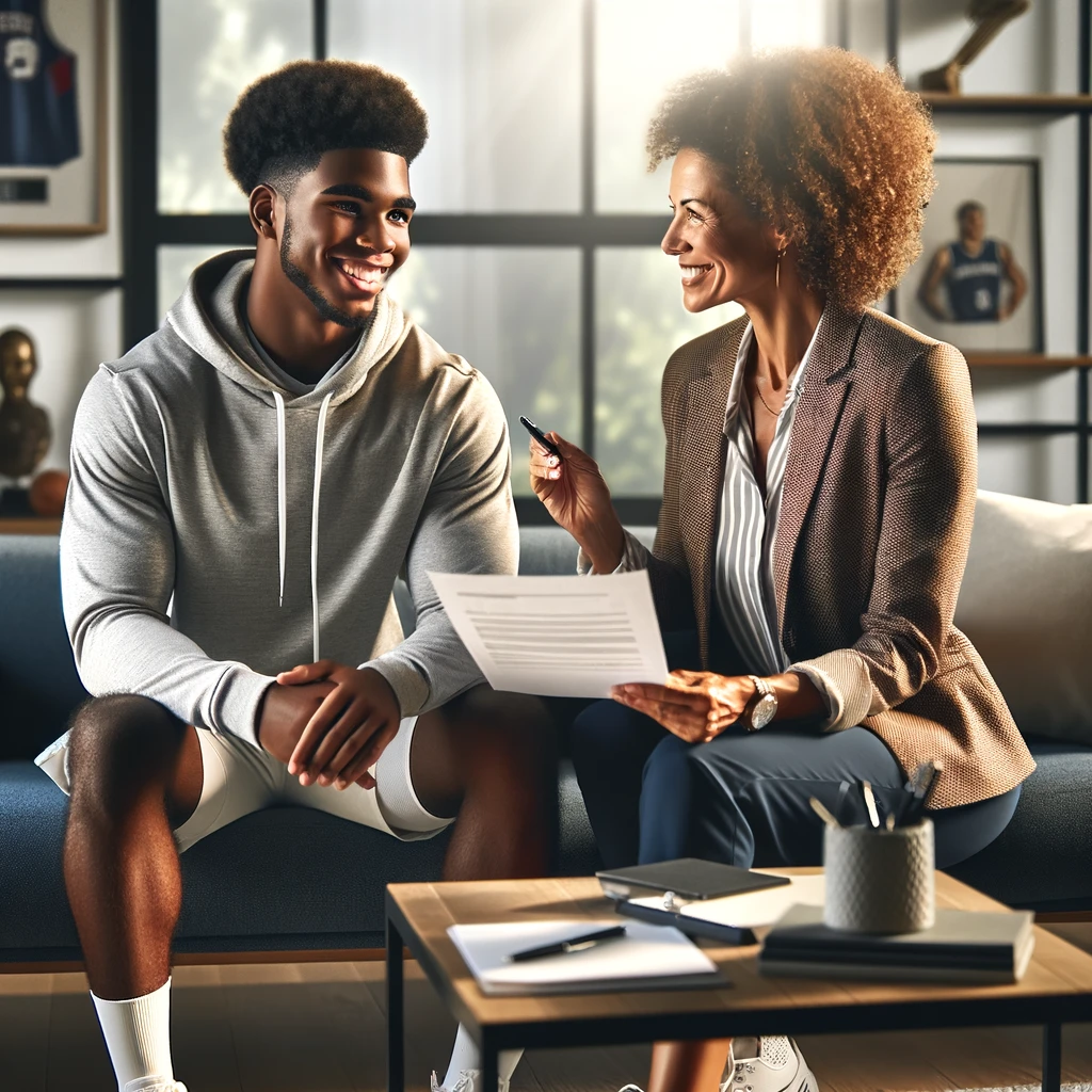 DALL·E-2024-03-16-10.19.56-A-digital-photography-of-a-modern-office-where-a-young-diverse-African-American-male-athlete-is-sitting-across-from-a-professional-African-American-f