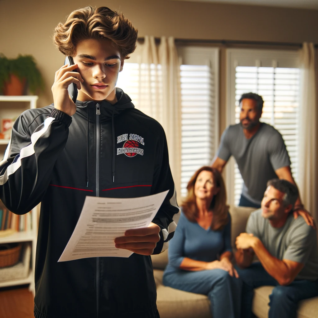 DALL·E-2024-03-16-10.49.24-A-high-school-athlete-stands-in-the-living-room-speaking-intently-on-the-phone-with-a-college-coach.-The-athlete-holds-notes-in-one-hand-while-talkin